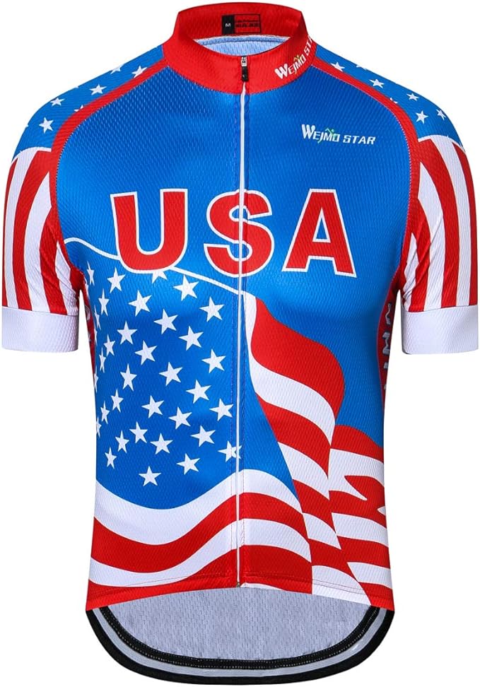 Cycling Jersey Short Sleeve USA Style Bike Tops with Pocket Reflective Stripe