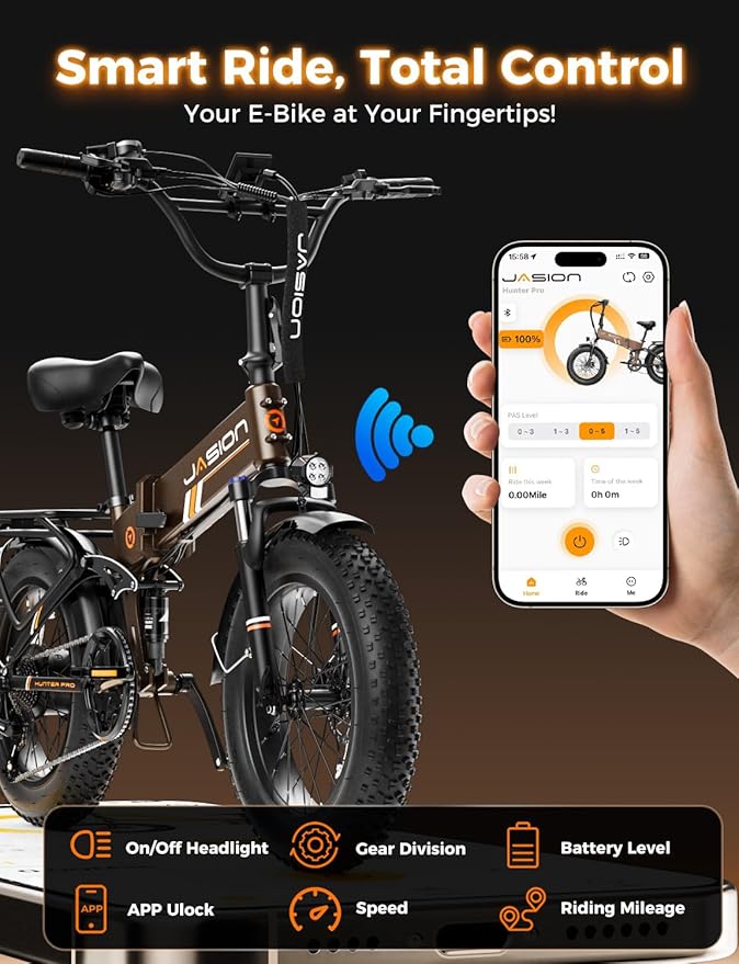 Jasion X Hunter/PRO Electric Bike for Adults,1800W/1400W Peak 20''Fat Tire Foldable Ebike,Folding E Bike Up to 80/70 Miles Range,720/624WH Removable Battery,30 MPH E Bike,Certified by UL2849