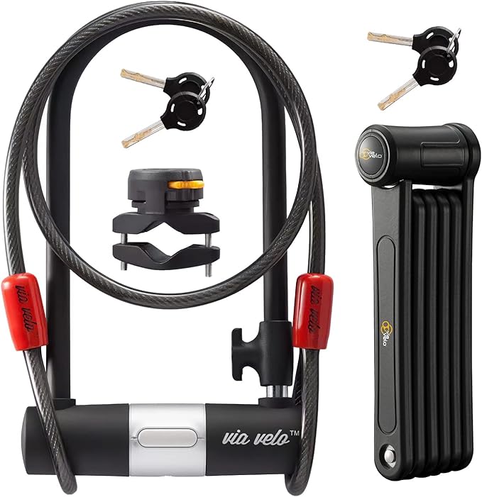 Via Velo 2 Electric Bike Bike Lock Set | Same Key System 4 Keyed Alike keys, Heavy-Duty Hard Steel | 33.5" Folding Lock | 11" Bicycle ULock | 6' Cable | for Electric Bike Fat Tire Scooter Folding Bike