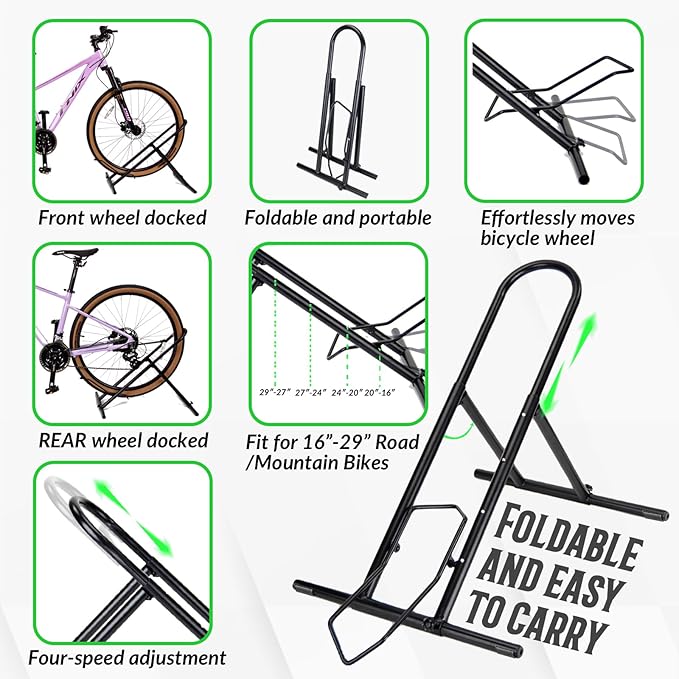 Folding Bike Floor Stand Rack, Portable Storage Bicycle Parking Rack for Garage/Home, Indoor Bike Stand Fit 16”-29” Mountain Road Bikes (2)