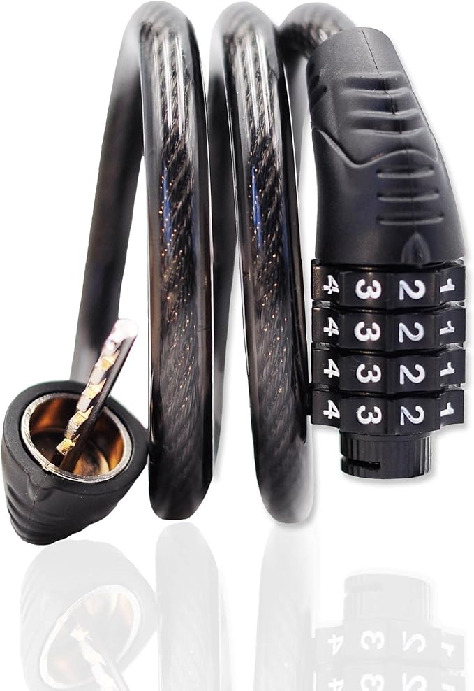 Long Coiled Security Resettable Combination Bike Cable 4 Digit Lock, Anti-Theft Accessories for Mountain and Road Bike, Electric Bicycle, Scooter, 32 inch