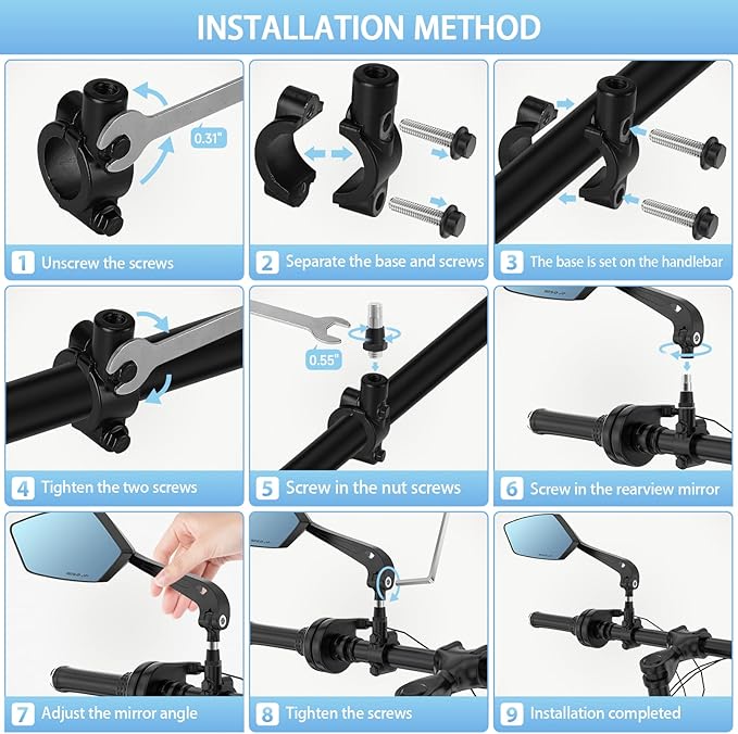 Bike Mirror | 360° Rotatable & Foldable | Blu-ray Scratch Resistant Glass Lens | Ebike Accessories, Bike Mirror Handlebar Mount, Bicycle Mirrors