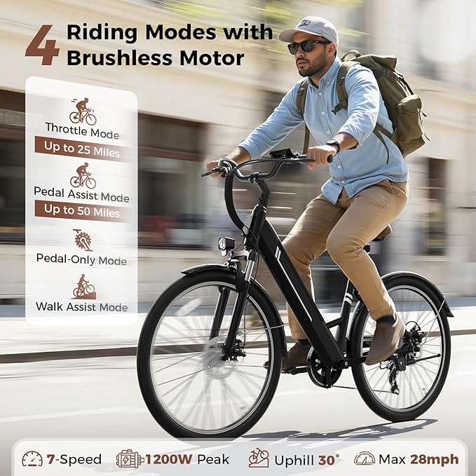 Jasion 26" Electric Bike for Adults, Internal Removable Battery Ebike with 3 Modes & 7-Speed, UL2849 Certified, 1200W Peak Motor, Max 28Mph & 50Miles, Shock Absorber, Electric City Commuter Bicycle