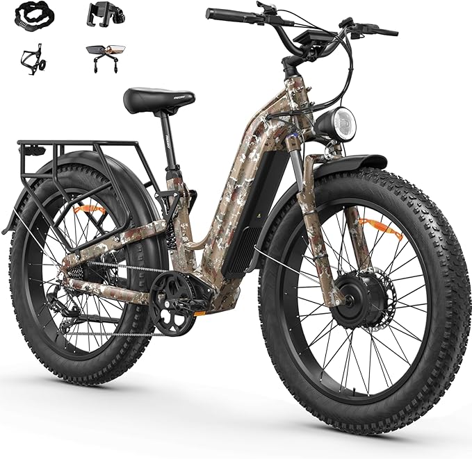 FREESKY Ranger AIR Dual Motor Electric Bike for Adults, 3500W 200NM Fast Ebike,105Miles Long Range E Bike,Full Suspension Electric Mountain Bike, 26'' Fat Tire Electric Bicycle for Man Womens Hunters