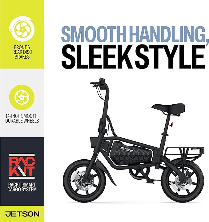 Jetson Bolt Electric Bike, Foot Pegs, Easy-Folding, Built-in Carrying Handle, Twist Throttle, Cruise Control, Up to 15.5 MPH, Range Up to 15 Miles, Ages 13+