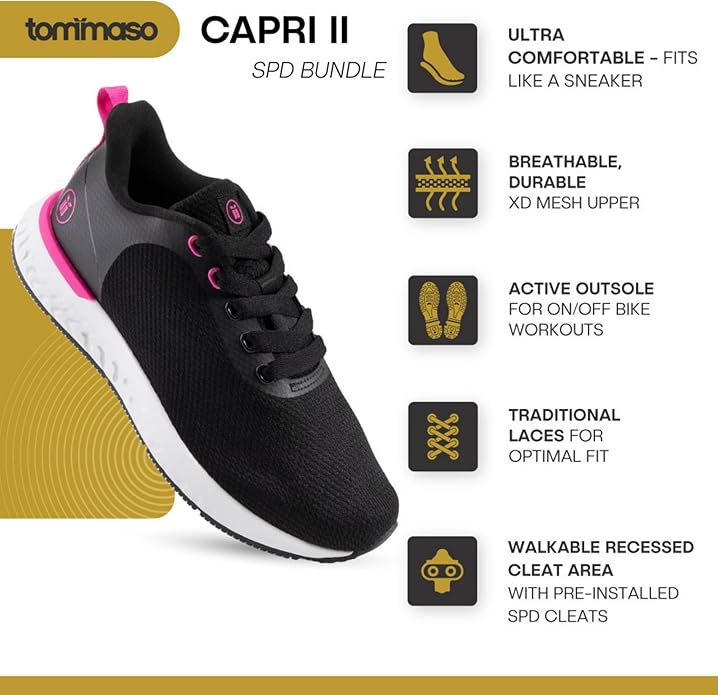 Tommaso Women's Cycling Shoes with Pre-Installed SPD Cleats — Easy to Walk-in Ventilated SPD Cycling Shoes for Women's Spin Classes and Indoor Bikes — Comfortable on Foot and Toebox.