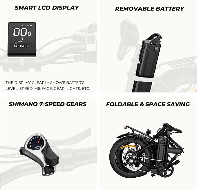 Foldable Electric Bike, Peak 983W Motor Ebike, 40-70 Miles & 20 MPH, 48V Removable Battery, 20" Fat Tire All-Terrain Electric Bicycle for Adults with 7-Speed, Suspension, Rear Rack, UL2849 Certified