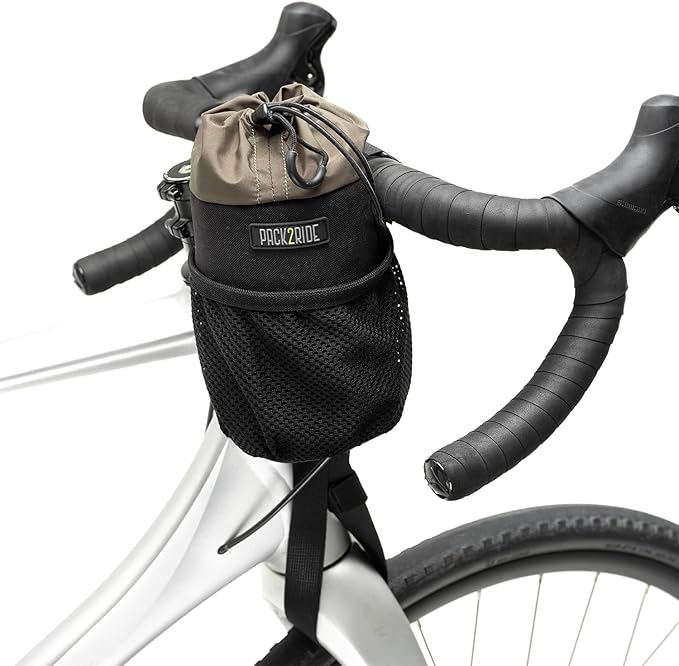 Bongo Bike Handlebar Bag - Water Resistant & Durable Fabric Bicycle Water Bottle Holder, Secure Attachment Bikepacking Stem Bag, One-Handed Access Feed Bag, Front Storage for Cycling - Black