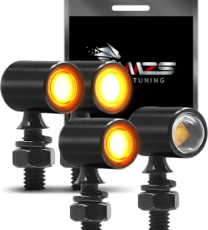 MZS Motorcycle LED Turn Signals, Front Light Amber+Amber and Rear Amber Mini Brake Tail Light Blinkers, Minimalist Design, Universal 6mm Screw Compatible with Most Family Motorcycles