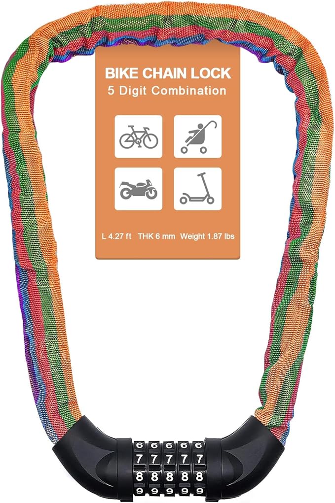 NDakter Bike Lock, 5 Digit Combination Heavy Duty Anti Theft Bicycle Chain Lock, 2.62/3.2/4.27/5/6Ft Long, High Security Resettable, Suitable for Bike, Scooter, Door, Gate, Fence-4/6mm Thick