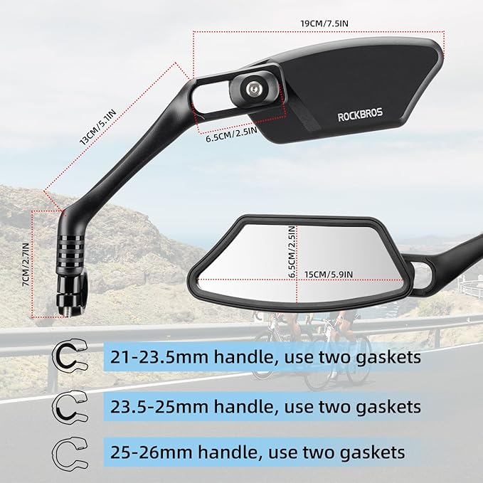 ROCKBROS Newest Bike Mirrors Handlebar Mount Rearview Mirror HD Blast-Resistant All-round Angle Adjustable Retractable Bicycle Mirror for E-bike （21-26mm Handlebar）
