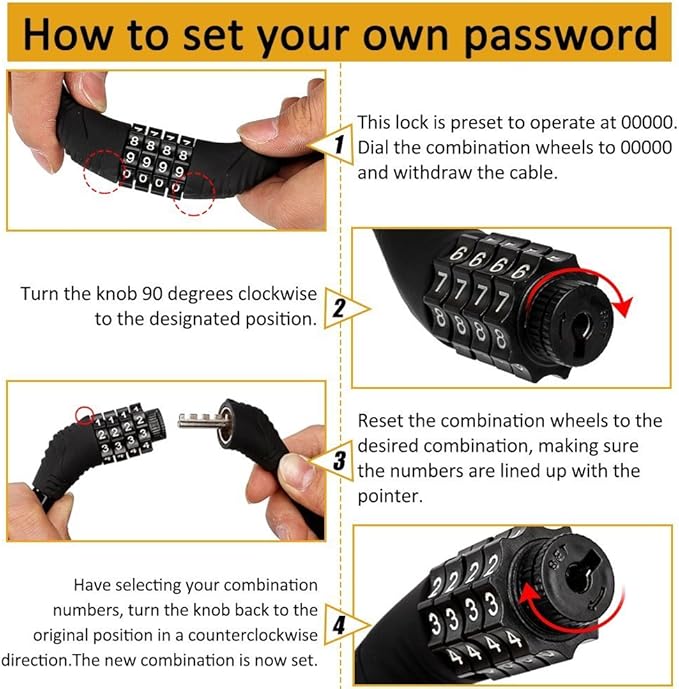 Sanwo Security Bike Lock 4 Digit Resettable Combination Cable Lock for Bicycle, 2 Feet x 1/2 Inch