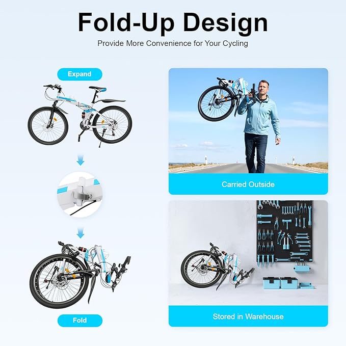 26 Inch Folding Mountain Bike, 21 Speed Dual/Front Suspension Mens Mountain Bike with High Carbon Steel, Non-Slip Quick Release Tire Fork Folding Bicycle for Men Women