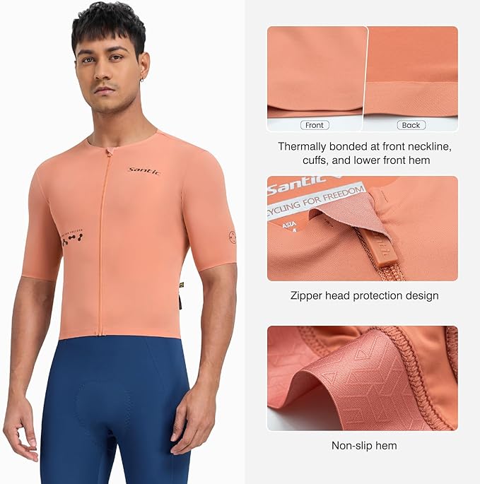 Santic Men's Cycling Jersey Short Sleeve Tops Bicycle Bike Shirt Full Zipper UPF 50+ Bicycle Jersey with Pockets