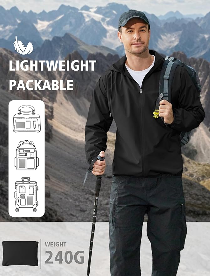 COOFANDY Men's Light Rain Jacket with Hood Packable Waterproof Raincoat Golf Rain Gear Travel Hiking Windbreaker