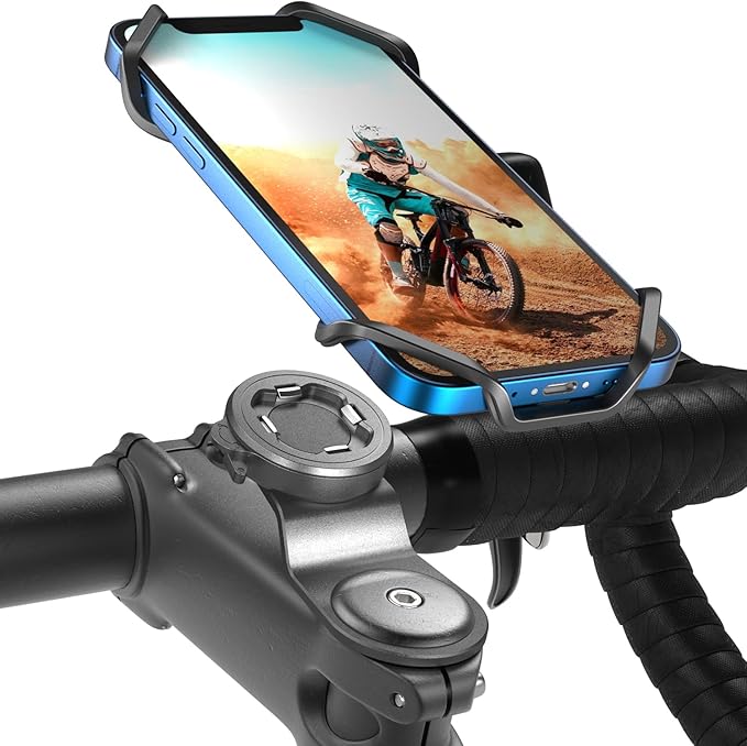 Bike Stem Phone Mount with Shockproof Silicone Grip – Quick-Lock Aluminum Out-Front Holder with Quad Safety Buckles & Elastic Strap, Fits 4.0”–6.7” Phones – Secure Fit for Road & Urban Rides