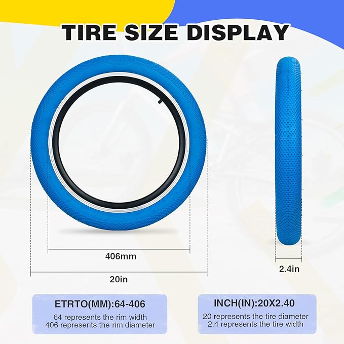 20 x 2.4 inch Bike tire Blue BMX tire 20 inch 2 Pack 20 Bike Tires,Kids Bike Tires Folding Replacement Tires Suitable for Bicycle Tires 20x2.35 20x2.4,20x2.5,3 Colors