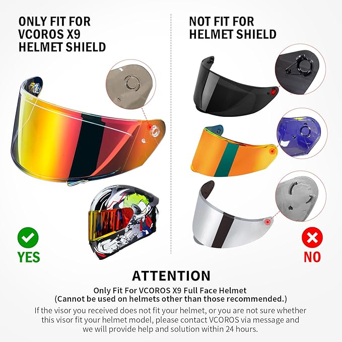 VCOROS X9 Full Face Motorcycle Helmet Replacement Shield 5Color Lens Available (Chrome Red)