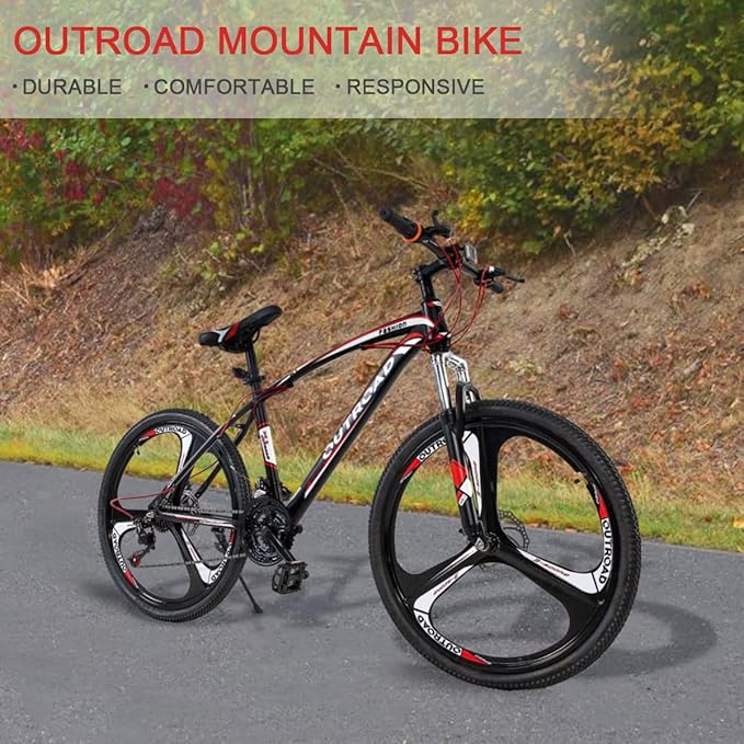 Outroad 26 Inch Mountain Bike, 7/21-Speed/High-Carbon Steel/Aviation Grade Frame, Dual Disc/V Brake, Adjustable Ergonomic Seat Bicycle for Men Women Adult, Quick Assembly in 20 Minutes