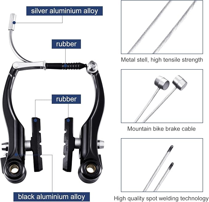 Riakrum 2 Sets Bike Brakes Include 2 Pairs V-type Brakes with 2 Pieces Braking Cables and 4 Pieces Cable End Caps for Mountain Bikes