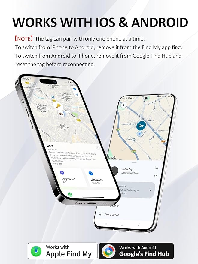 Tracker Tags for Android & iOS, Key Finder Tracking Device Smart Tracker Tag for Luggage, Wallet, Bike, Bags - Both Works with Apple Find My & Google's Find Hub - 2 Pack