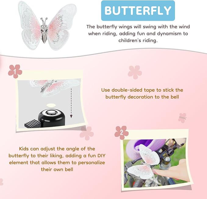 Kid's Bike Bell, Bicycle Horn for Girls, Children’s Bike Bells with Butterfly Design - Cute DIY Bicycle Bell for Girls, Crisp Sound, Easy to Install