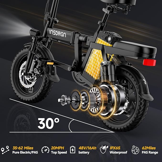 Folding Electric Bike for Adults Teens, Peak 1500W, 62 Miles PAS Range, 48V 16AH Removable Li Battery Ebike, 9 Shocks Full Suspension, 20 MPH Electric Bicycle, UL2849 Certified