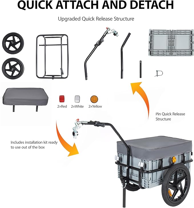 Lightweight Bicycle Trailer, Foldable Bike Cargo Trailer with Universal Hitch, Portable Bicycle Trailers with Removable Box and Waterproof Cover, for Camping, Groceries, 88 LBS Load Capacity, Gray