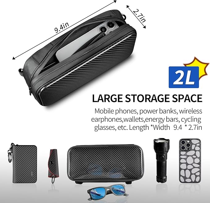T-carbon Bike Handlebar Bag|Carbon Fibre Compact Bar Bag|Bike Handlebar Storage Pouch Pack with waterproof zip and adjustable straps compatible with Road and Mountain Bike|Glossy Black