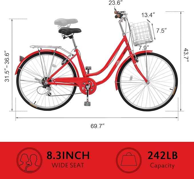 26" Beach Cruiser Bike, Commuter Bicycle, 7 Speed/Linear Pull Brakes/Widen Seat Men & Women Bike, Adult and Teens Bicycle for Urban Commuter