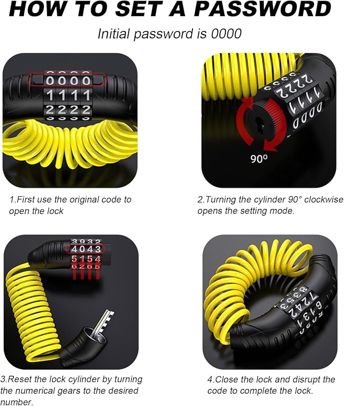 2PCS Motorcycle Helmet Cable Lock, Anti-Theft Helemt Cable Locks with 4-Digital Combination Code, Retractable Cable Lock for Motorbike Helmet Bicycle Saddle Luggage Stroller (Black+Yellow)