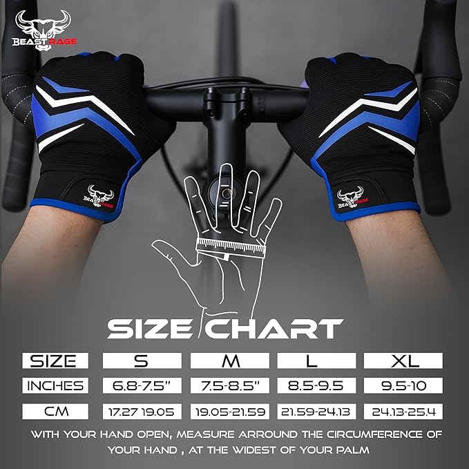 BEAST RAGE Full Finger Cycling Gloves with Padding for Men Women, Anti-Slip, Shock Absorbing, Breathable, Touchscreen Mountain Bike Gloves for BMX, MTB Riding, Road Racing, Bicycle