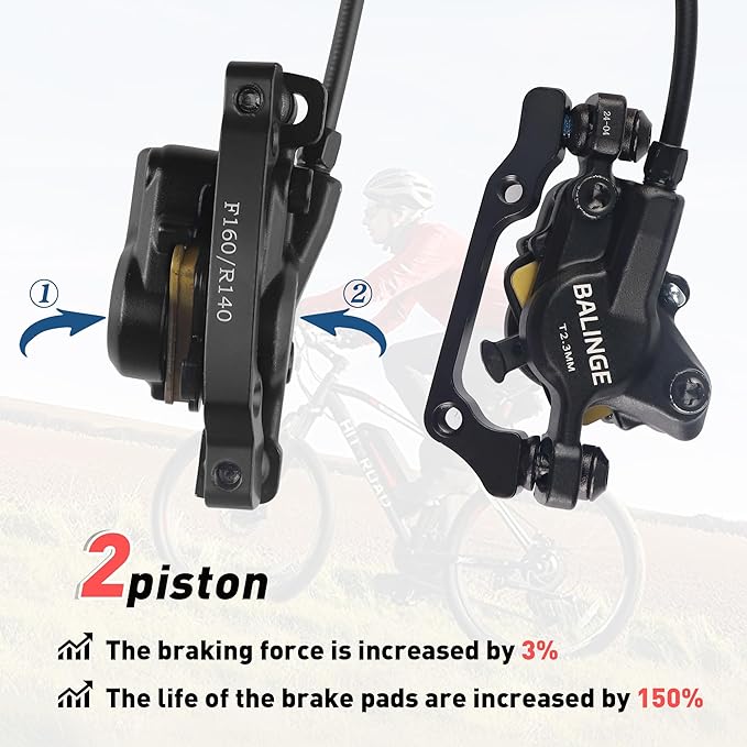 E830-Pro 2-Pin Power-off Connector 2-Pistons E-Bike Electric Power-Off Hydraulic Front/Rear/Set Brake with 160mm 6 bolts Disc Rotor, Hydraulic Disc Brake Caliper Lever for e-Bike, Fat Bike