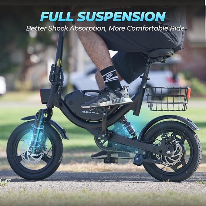 Electric Bike with Basket, 14" Folding Ebike 22 MPH, 35 Miles Range, Dual Suspension, 715W Peak Brushless Motor with 30° Uphill, Adjustable Seat, Commuter Electric Bicycle for Adults 330LBS Load