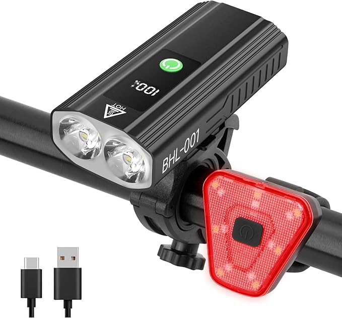 Super Bright Bike Lights for Night Riding, 5000mAh USB C Rechargeable LED Bicycle Light Front and Rear, 2000 Lumens Headlight and Back Tail Light Set for Road Mountain