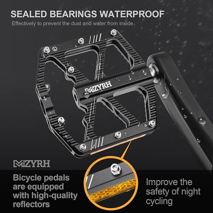 MZYRH Road/Mountain Bike Pedals,Bicycle Pedals with Reflectors,Aluminum Alloy MTB Pedals 3 Sealed Bearings Bicycle Platform Pedals 9/16" BMX Road Bike Pedal