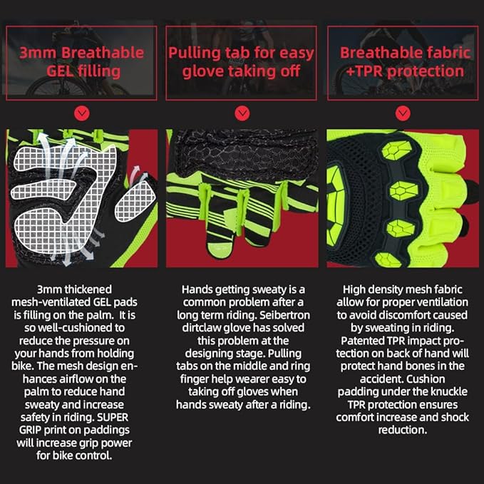 Seibertron Unisex BMX MX ATV MTB Racing Mountain Bike Bicycle Cycling Off-Road/Dirt Bike Gloves Road Racing Motorcycle Motocross Sports Gloves Touch Recognition Full Finger Glove