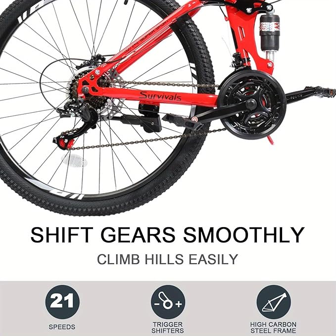 26in Folding Mountain Bike 21-Speed with Disc Brakes, Heavy-Duty Alloy Frame & Bike Suitable for &, Red - Urban Commuter, Trail Riding, Storage