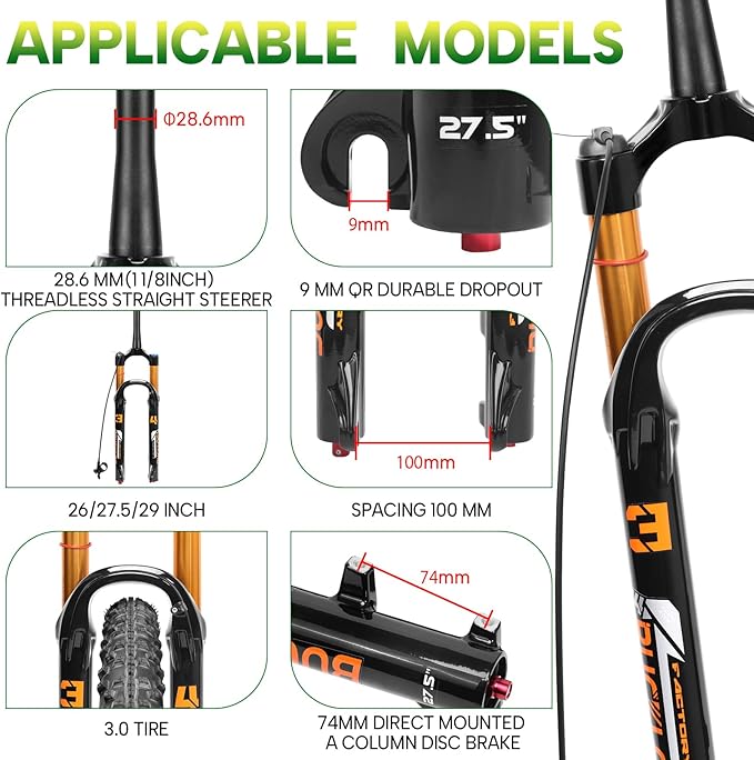 BUCKLOS 26/27.5/29 inch Travel 140mm MTB Air Suspension Fork, Rebound Adjustment 34mm Stanchions 1-1/8" Threadless Straight/Tapered 9*100mm QR Manual/Remote Lockout XC AM Mountain Bicycle Front Forks