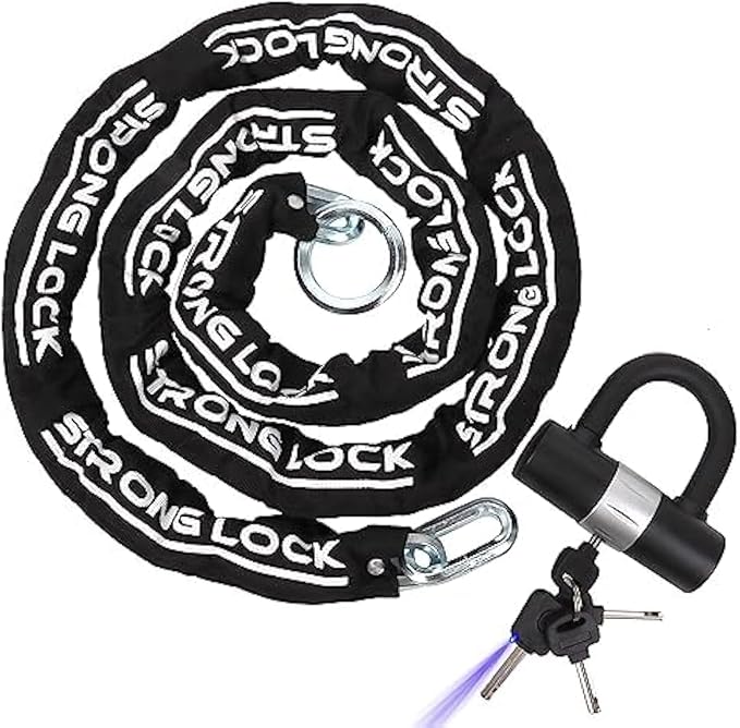 AKM Motorcycle Chain Lock Anti-Theft 8.2ft/250cm Super Long Durable 12mm Thick With 4 Keys Security 16mm U Lock for Motorcycles, Containers, Trailers, ATV