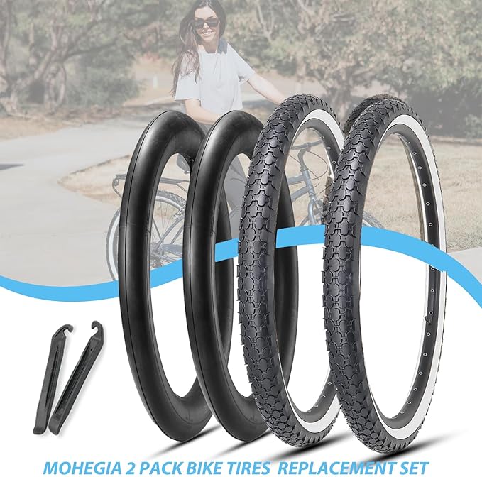 MOHEGIA 24/26 Inch Cruiser Bike Tires Set: 24x2.125/26x2.125 Inch Classic Folding Bicycle Tires,and Pair Inner Tubes with Tire Levers for Beach Cruiser City Bikes