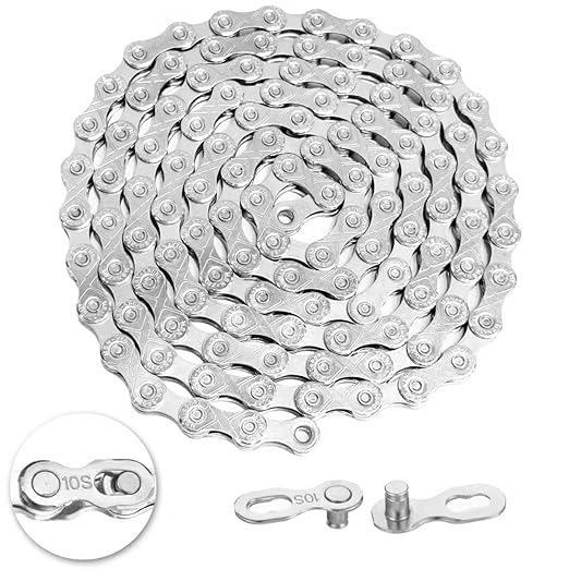 10 Speed Bike Chain,VDHU Bicycle Chain for Road Bicycles,Mountain Bike,MTB Mountain Racing Cycling Accessories with 1 Pairs Bicycle Buckle,Full Silver Plating 116 Links with Quick Link