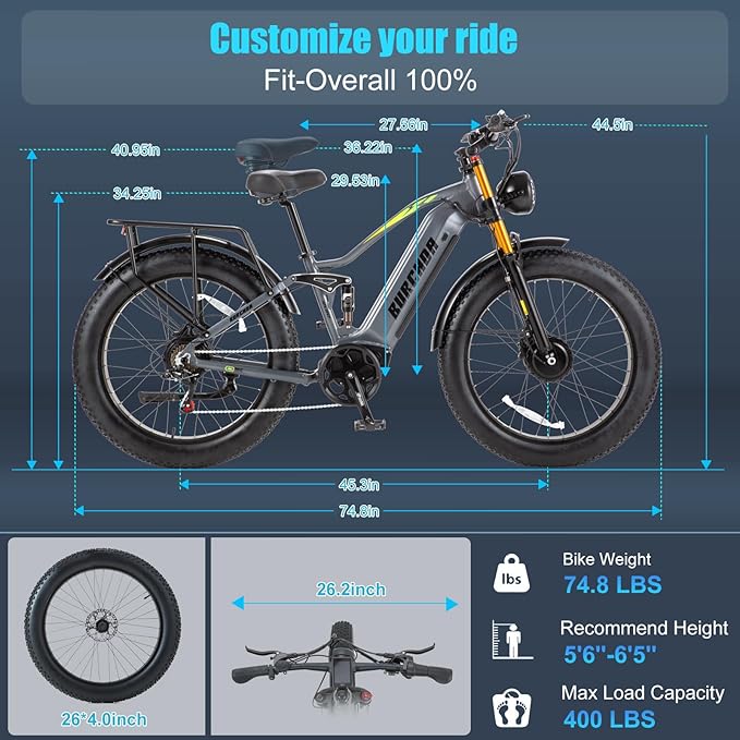 2026 Upgraded Dual Motors AWD Electric Bike for Adults 5000w/3000W/1500W Motor Dirt Ebike 40MPH/30MPH 52V/48V 30Ah/20Ah Battery Up to 90 Miles Long Range 26" Fat Tire Bicycle for Commute Mountains