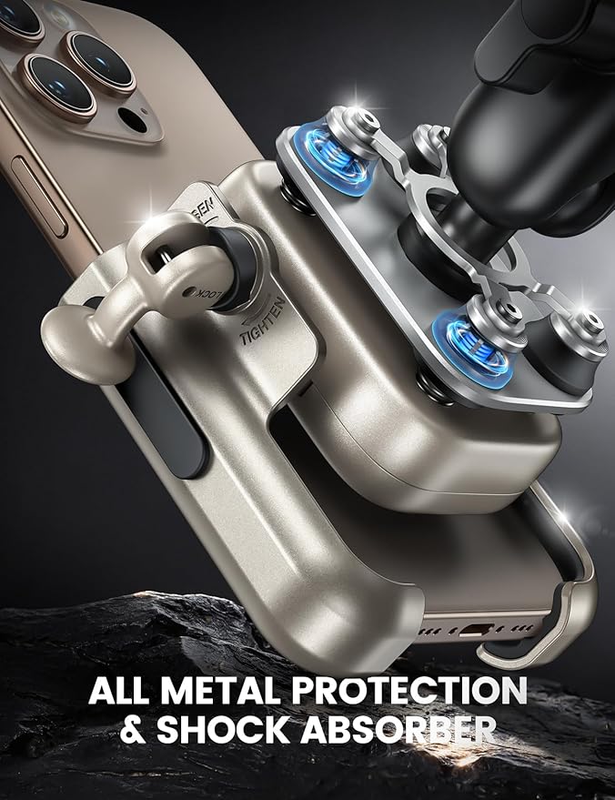 Lamicall Motorcycle Phone Mount Holder - [All Metal] [Anti Shake] [1s Lock] Bike Phone Holder Handlebar Clamp, Bicycle Cell Phone Mount, for iPhone 17 Pro Max, 16 15 14, Galaxy, 4.7-7.2" Phones, Gold