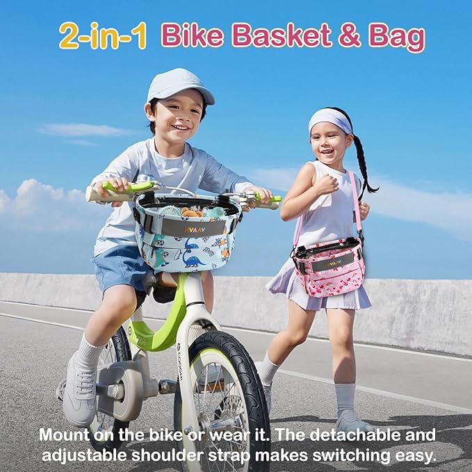 Kids Bike Basket Bag, Waterproof Bicycle Basket Pouch for Girls Boys 6-10, Children's Front Handlebar Bag with Reflective Safety Strap & Detachable Shoulder Strip, Fit Toddlers Bikes Tricycle Scooter