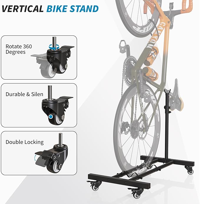 Vertical Bike Stand, Upright Bike Parking Rack Floor, Adjustable Bicycle Storage for Wheels Sizes up to 29", Freestanding Bicycle Organizer with Swivel Casters, Indoor Bike Holder for Garage 2-Pack