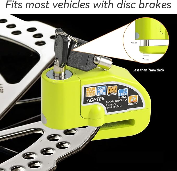 AGPTEK 110db Motorcycle Brake Lock with 5FT Reminder Cable, Anti-Theft Padlock Waterproof with Lock Pin Carrying Bag for Motorcycle Bike Scooter, Green