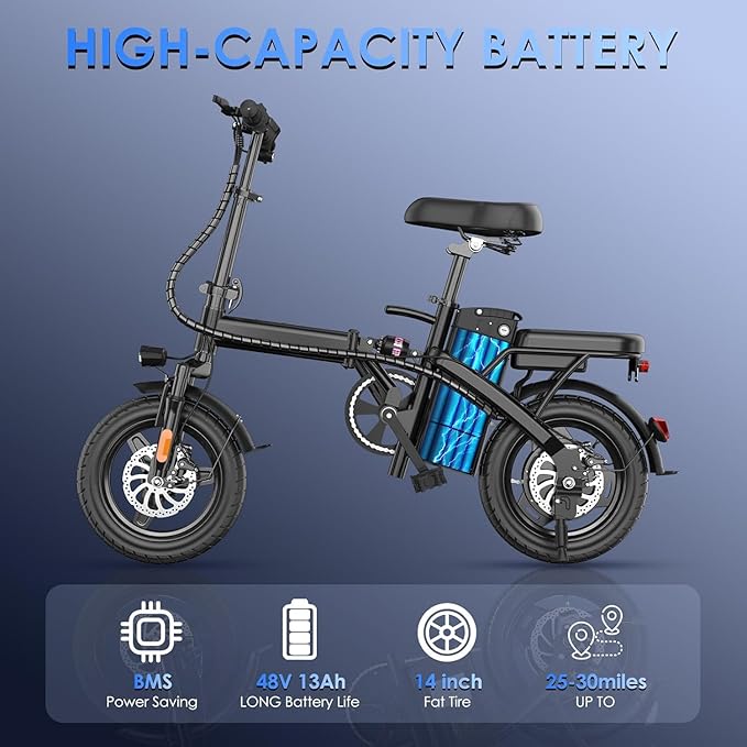 Foldable Electric Bike for Adults E Bike, 14" Folding E-Bike with 500W Peak Motor, 25 Miles Range, 48V Removable Battery UL 2849 Certified for Commuter