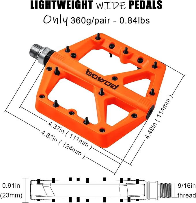 MTB Pedals Large Mountain Bike Pedals, Lightweight Nylon Fiber Composite Bicycle Platform Pedals, Grippy Pedals w 18 Pins, Cr-Mo Spindle fit w 2 Bearings, Clipless Pedals for BMX MTB Bike 9/16"