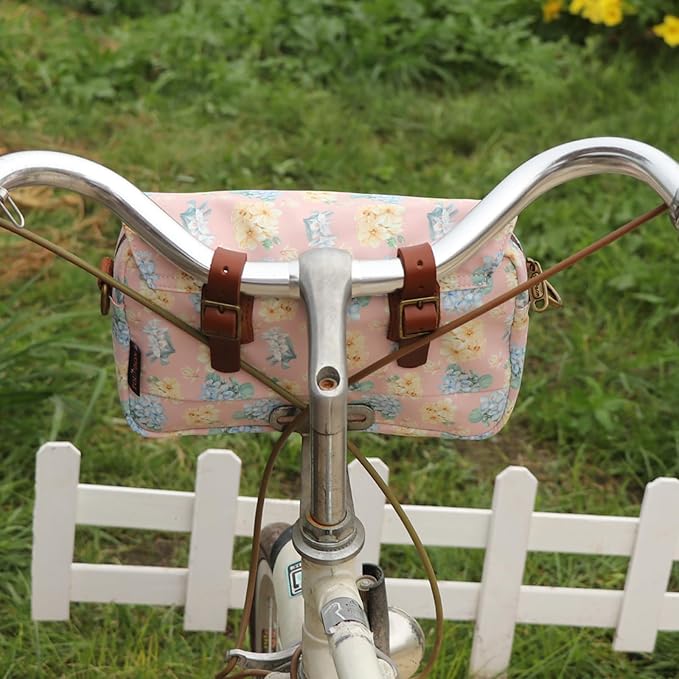 TOURBON Bike Bag Waxed Canvas Bicycle Handlebar Bag Zipper Closure Pouch Crossbar Front Frame Basket Cycling Saddebag Under Seat Strap-on Rear Rack Pannier (Pink with Flower)